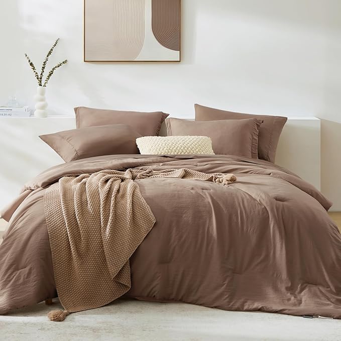 WRENSONGE Full Size Comforter Sets, 7 Pieces Soft Brown Bed in a Bag with Fitted Sheet, Flat Sheet, 2 Pillow Shams, 2 Pillowcases, Warm Bedding Sets for All Season