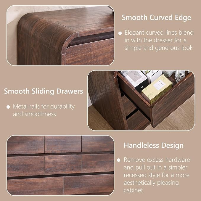 Aitjunz Modern 8 Drawers Dresser for Bedroom, 55" Wide Dressers & Chest of Drawers w/Curved Profile Design, Wood Mid Century Storage Dressers Organizer for Bedroom, Living Room, Brown