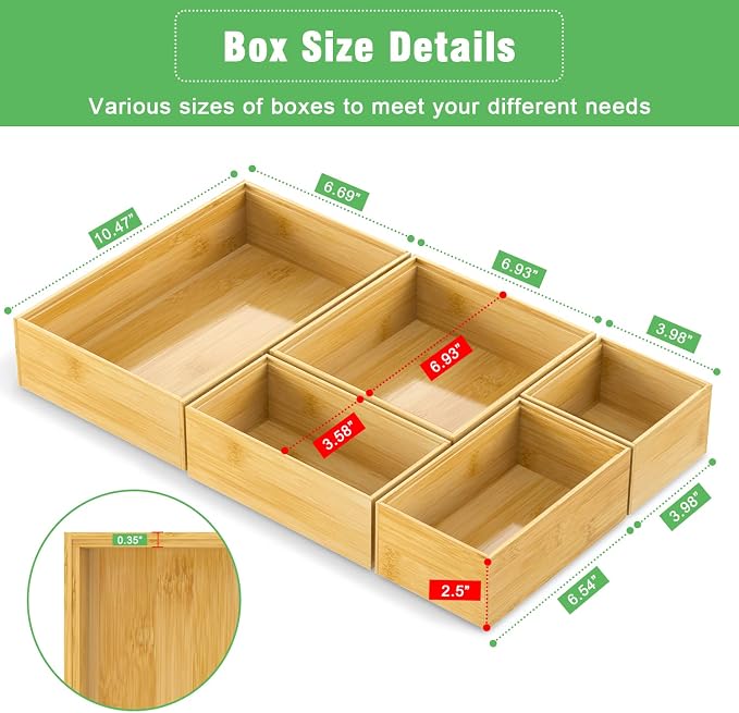 Bamboo Bathroom Drawer Organizer Dividers, Wooden Kitchen Utensil Holder Set of 5, Stackable Junk Drawer Organizer Tray, Multi-Use Storage Bins Boxs for Home, Office, Clothing, Makeup, Jewelry - Image 2