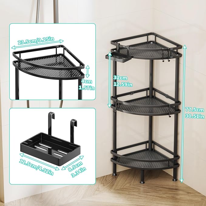 HapiRm Standing Corner Shower Caddy - 3 Tier Shower Organizer Corner with Soap Holder and 4 Hooks, Rustproof Bathroom Storage Shelves with Adhesives, Black - Image 2