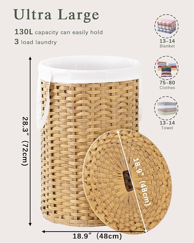SETVSON Large Laundry Hamper Laundry Basket Round 34.3 Gal (130 L) Handwoven Wicker Laundry Baskets Rattan Laundry Basket with Laundry Bag Handles 2 Mesh Bags for Living Room Bedroom Natural - Image 4