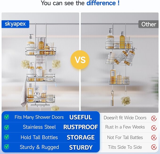 Skyapex Shower Caddy Over the Door Organizer: Bath Rack Hanging Over Glass with Hooks - Storage Shelf Inside Bathroom for Shampoo - Sliver - Image 2