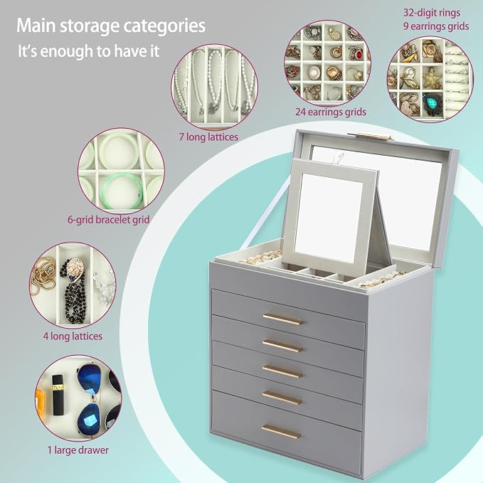 BOOVO Jewelry Boxes for Women, White and Black 6 Layer Large Jewelry Box for Necklace, Bracelet, Earrings, Rings Storage, Jewelry holder Organizer for Girls Gift (Grey, 6 Layer) - Image 4