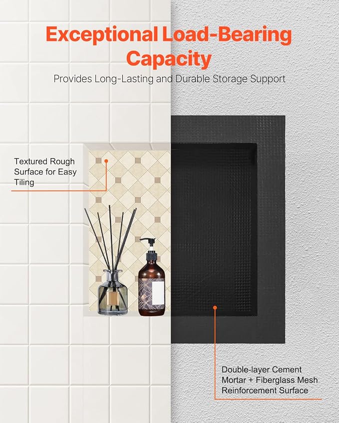 VEVOR Shower Niche,16-Inch Width x 16-Inch Height x 3.5-Inch Depth Single Shelf Organizer,Wall-Inserted Niche Recessed Sealed Protection Modern Soap Storage for Shower Bathroom,Black - Image 5