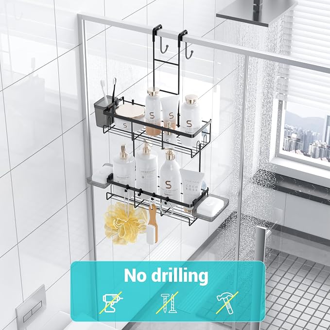 Aitatty Over the Door Shower Caddy Hanging: Black Rustproof Shower Organizer over the Door - No Drilling Bathroom Rack for Inside - Image 4