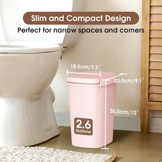 CEROELDA 3 Pack Bathroom Trash Can with Lid, 10L/2.6 Gal Small Garbage Can with Press Top Lid, Slim Plastic Waste Basket for Toilet, Office, Bedroom (Pink) - Image 2