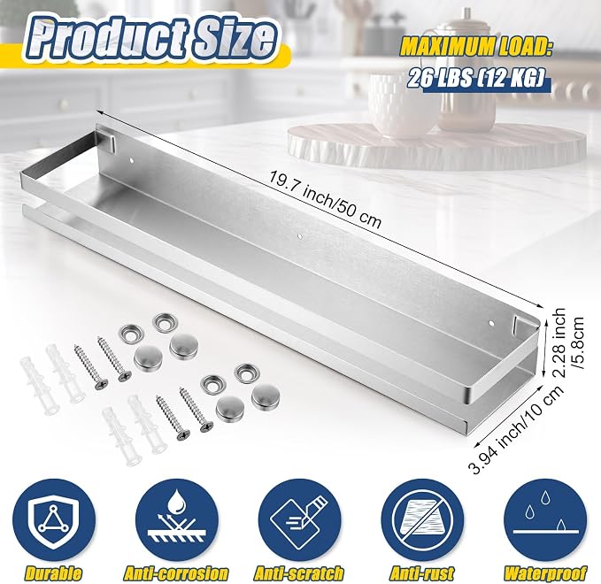Lallisa 2 Pieces Stainless Steel Shelf Bathroom Shower Floating Shelves Wall Mounted Shower Caddy Basket Shelf Storage Organizer Shelves for Bathroom, Kitchen, Living Room(19.69 Inches/ 50 cm,Silver) - Image 3