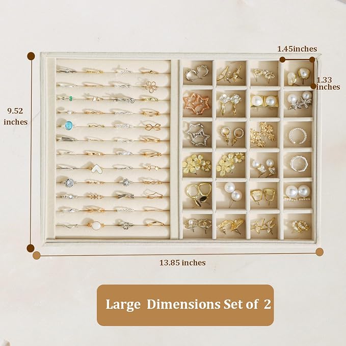 Large Velvet Jewelry Tray 2 Pack Stackable Jewelry Display Drawer Inserts Trays Organizer for Earring Bracelet Necklace Ring (Beige, Ring and 24 Grids) - Image 4