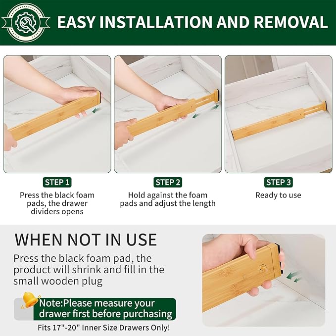 Dunruz Bamboo Drawer Dividers 2.6" High,17"-20" Adjustable Spring Loaded Clothes Drawer Organizers for Kitchen, Dresser, Bathroom, Bedroom and Office - Image 3