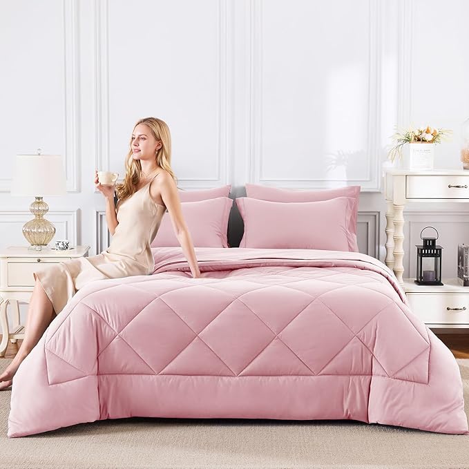 CozyLux Oversized King Comforter Set Pink, 7 Pieces Bed in a Bag Comforter Set with Sheets Luxury Bed Set for All Seasons, Bedding Set with Down Alternative Comforter, Sheets, Pillowcases & Shams