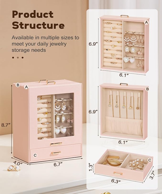 Homde Jewelry Organizer Girls Women Jewelry Box for Necklaces Rings Earrings Gift Bracelets Storage Case (Peach Pink + Gold) - Image 3