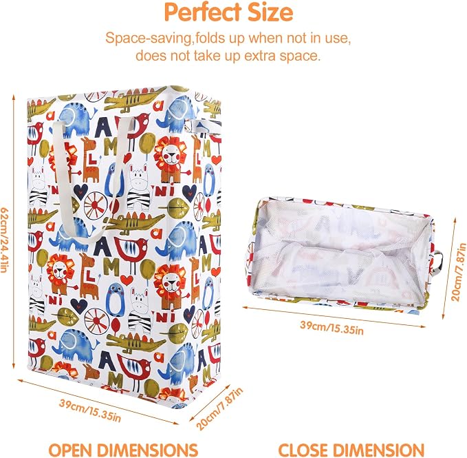 Odonata Slim Laundry Hamper Handles Collapsible Laundry Basket Thin Dirty Clothes Basket Narrow Laundry Bag Foldable Dirty Hamper 48L (Animal) - Image 2