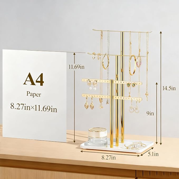 pickpiff Jewelry Stand Holder Organizer: 14.5" Sturdy Hanger for 80 Pcs Jewelry, Jewlery Tower for Display Necklace, Earring, Bracelet, Watch, Mirrored Gold - Image 4