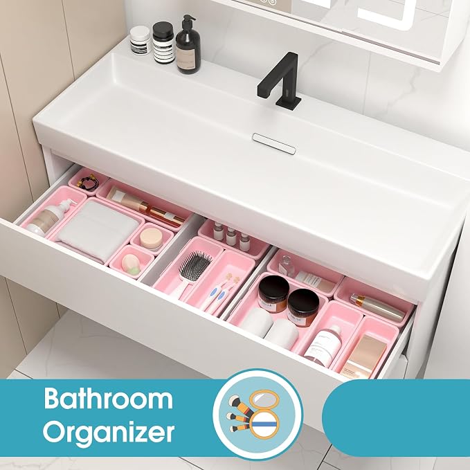 16 PCS Drawer Organizer Set, 4 Size Makeup Drawer Divider Organizer With Non-Slip Pads, Interlocking Plastic Storage Bins for Office,Jewelry Vanity,Gadgets, Bathroom,Kitchen, Pink - Image 7