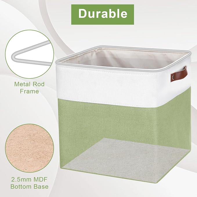 Bagnizer 13x13 Cube Storage Bins, Collapsible Fabric Storage Box, 4 Pack Closet Baskets with Handles for Organizing, Shelf, Toys, Clothes, Home, Office, Nursery (Green&White) - Image 4