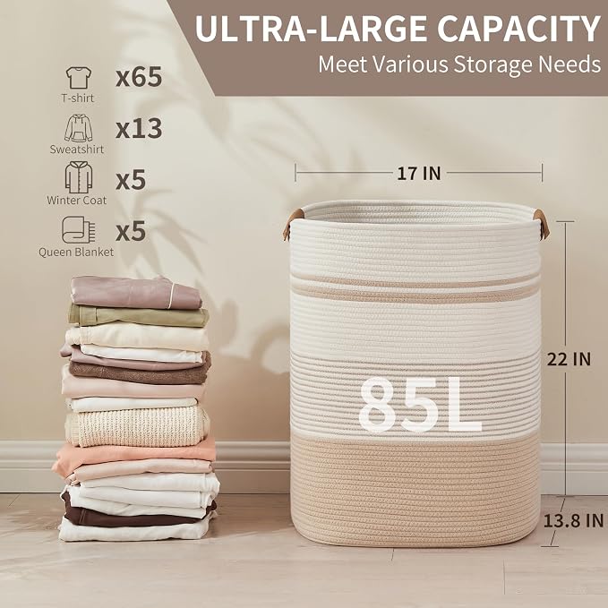 AINUOQI Laundry Basket with Handles - Blanket Basket & Hampers for Bedroom Aesthetic, Laundry Hamper & Blanket Storage for Living Room, Clothes Hamper, Tall, Large 17" x 14" x 22”, Off-white - Image 2
