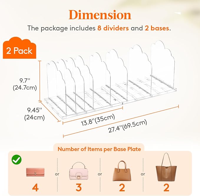 Lifewit Purse Organizer for Closet, 9.7" Tall Clear Handbags Storage Organizer, Adjustable Clutch Organizer Holder for Closet, 2 Pack Bookshelf Dividers for Sweater in Bedroom 35 x 24cm/14 × 9.5" - Image 3