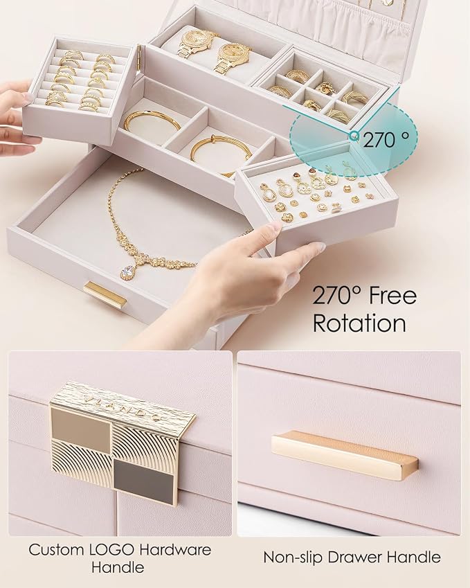 VLANDO 3 Layer Jewelry Box - Women Jewelry Box with Retractable Tray - Jewelry Organizers with Drawer for Necklaces, Rings, Bracelets, Earrings, Gift for Couples Mom Girls - Pink - Image 4