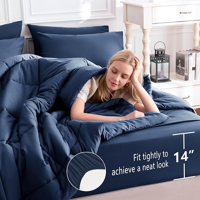 CozyLux Oversized King Comforter Sets Navy Blue, 7 Pieces Bed in a Bag, Ultra-Soft All Season Bedding Sets with Stitch Quilted Comforter, Flat Sheet, Fitted Sheet, Pillowcases