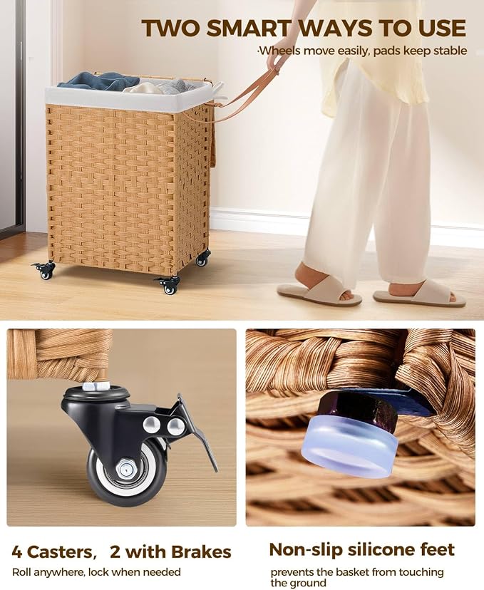 Greenstell Laundry Hamper with Wheels, No Install Needed, 90L Divided Handwoven Hampers & 2 Removable Liner Bags, Synthetic Rattan Clothes Laundry Basket with Lid & Handles, Foldable Hampers Natural - Image 3