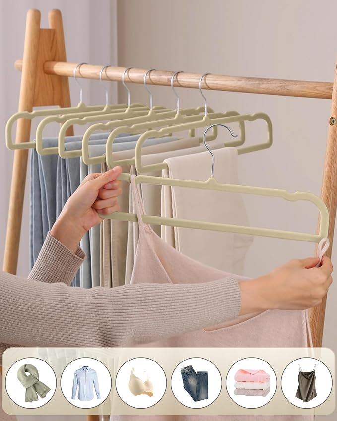 Velvet Hangers Non Slip - 20 Pack Pants Hangers for Closet - Thin Space Saving Clothes Hanger - Strong, Durable, Jean Perchas with 360 Degree Rotatable Hook for Tank Top (Beige Silver Hook) - Image 4