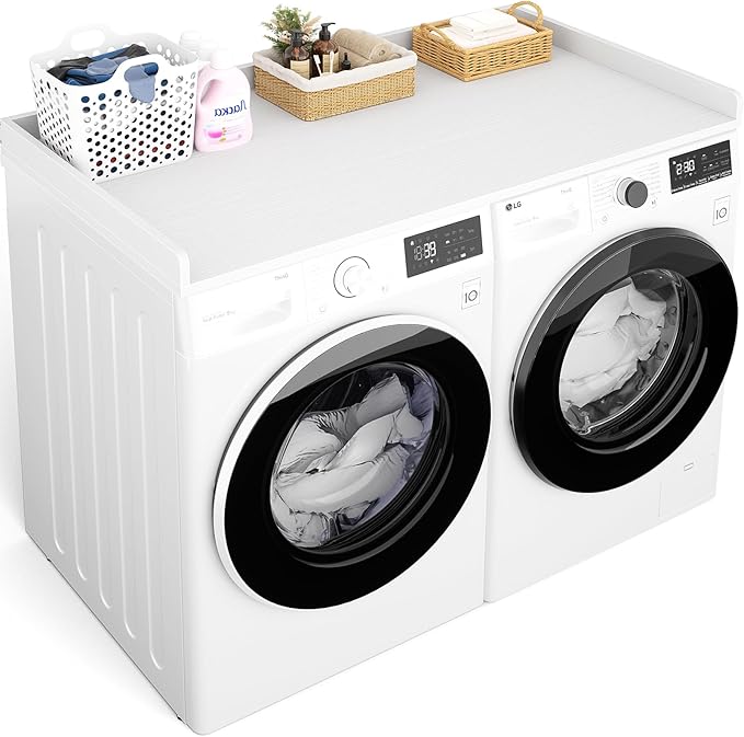 Aheaplus Washer and Dryer Countertop, Laundry Room Organization with Non-Slip Pads, Wood Shelf Topper with Round Corner Edge Rails, Folding Organizer for Laundry, 54" W x 27.5" D, White by Aheaplus