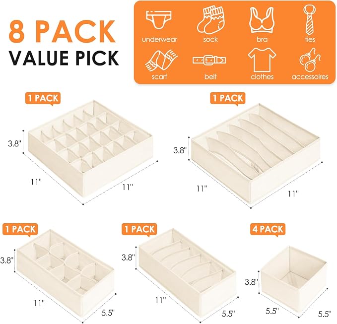 Drawer Organizer Clothes, 8 Pack Dresser Organizer Bins for Baby Clothes, Underwear Sock, Fabric Closet Organization and Storage Dividers for Nursery Bedroom (48 Compartments, Beige) - Image 3