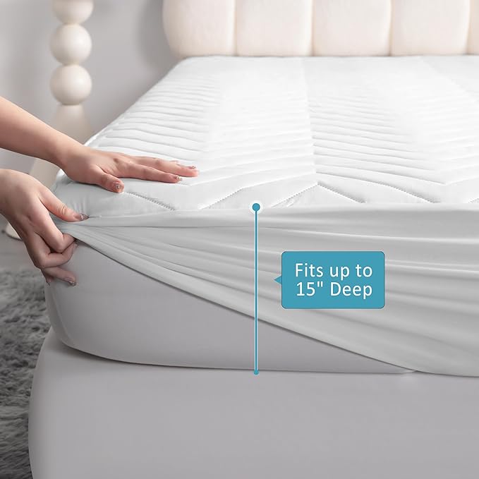 Quilted Waterproof Mattress Protector - Full Size 15" Deep Pocket Fitted Sheet, Ultra-Soft Breathable and Machine Washable Mattress Pad Cover - White
