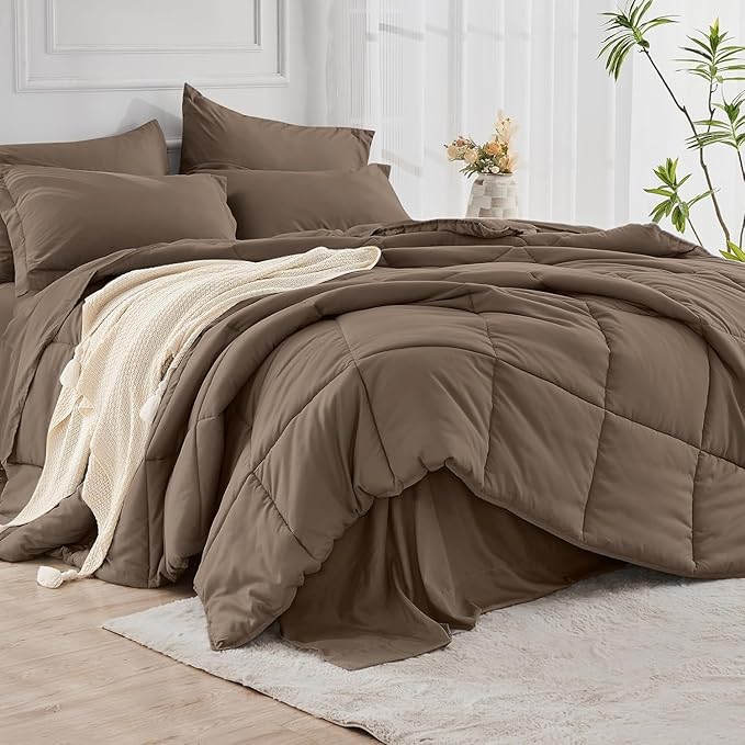 JOLLYVOGUE Twin Comforter Set, Ultra-Soft Bed in a Bag Twin Size 5 Pieces, Oeko-TEX Certified Bedding Set with Down Alternative Comforter, Sheets, Pillowcases & Shams, Brown