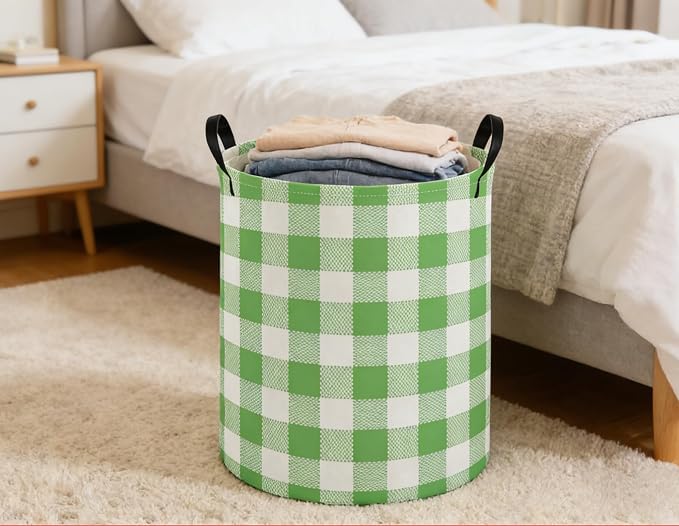 Kids Laundry Basket Grid Hamper for Nursery Green Hamper Cute Kids Storage Bin Organizer Room Decor for Home(Green Grid) - Image 5