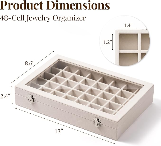 48 Grid Earring Organizer and Storage: Velvet Jewelry Tray with Lid, Jewelry Box for Studs, Earrings, Rings, Necklaces, Dresser & Vanity, Earrings Case for Girls, Women, 13"x8.6"x2.4", Beige - Image 3