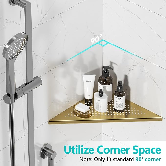 Qeke Bathroom Corner Shelf, Recessed 12" Shower Shelf Caddy, SUS304 Stainless Steel Shelf Wall Mount Triangular, No Drilling, Brushed Golden - Image 3