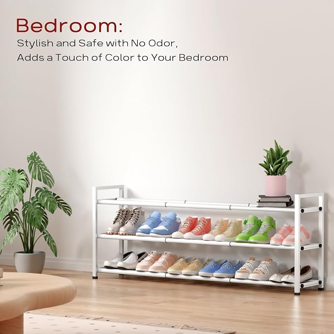 Bumusty 3-Tier Long Expandable Shoe Rack for Closet, 18"-44" Adjustable Shoe Rack for Entryway, 15-18 Pairs Large Shoe Organizer Shelf Storage, Sturdy Metal, White - Image 4