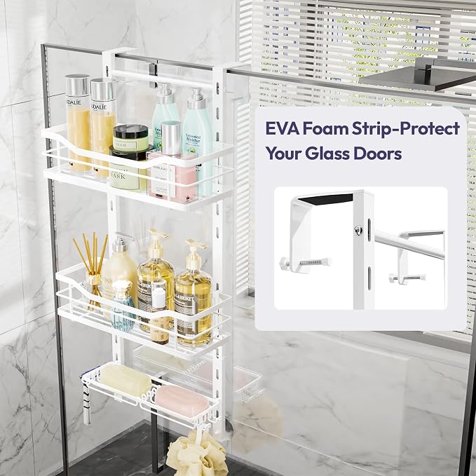 SWTYMIKI Over the Door Shower Caddy - 3 Tier Adjustable Shower Organizer Hanging with Soap Holder, No Drilling Stainless Steel Bathroom Hanging Caddy for Body Wash, Shampoo, Soap, Razor, White - Image 4