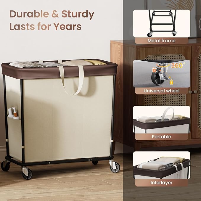 320L Laundry Basket with Wheels, 3-Section Rolling Hamper for Laundry, Extra Large Laundry Hamper with Wheels, Clothes Hamper Rolling Laundry Basket for Home, Bathrooms and Dorm(Beige) - Image 6