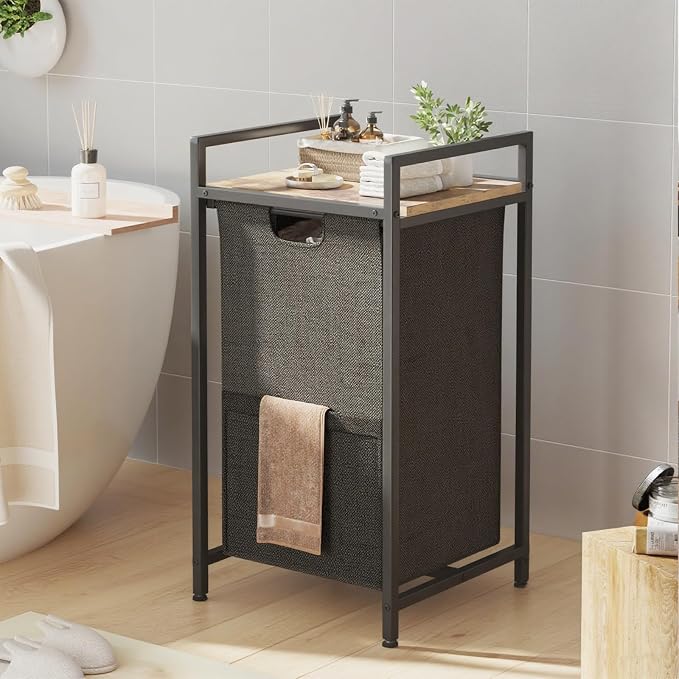 Laundry Hampers,Laundry Basket， Laundry Sorter with Top Shelf & Removable Washable Bags & Side Pockets for Laundry Room organization, Bathroom and Dorm, Rustic Brown and Black by Huhote