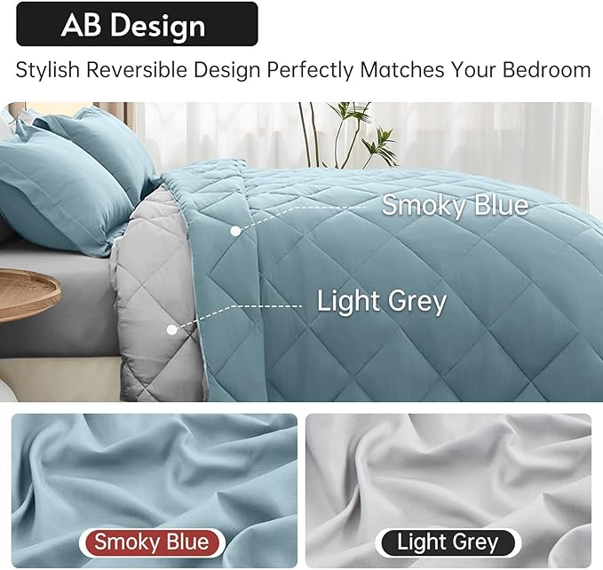 MUXHOMO 7 Pieces King Comforter Set, Reversible Bed in a Bag King Size, All Season Bedding Set with Comforter, Flat Sheet, Fitted Sheet, Pillowcases & Shams, Greyish Blue & Light Grey
