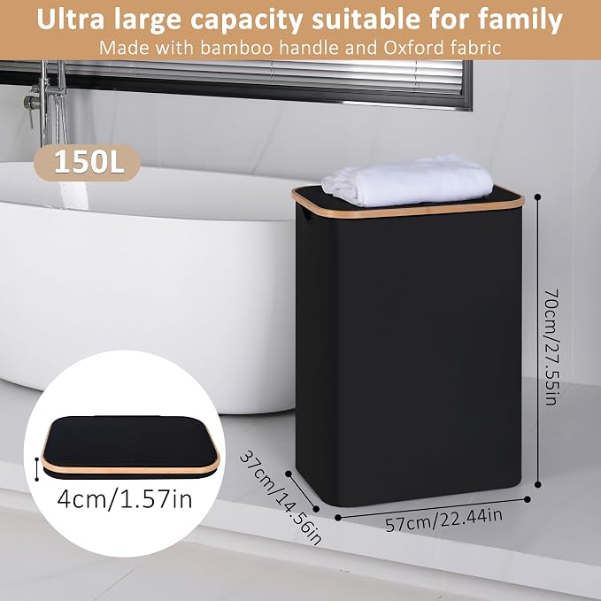 iEGrow 150L Laundry Basket with Lid,Large Laundry Hamper with Bamboo Handles, Hampers for Laundry, Dirty Clothes Hamper with 2 Removable Inner Bags for Clothes Toys Towels,Black - Image 2