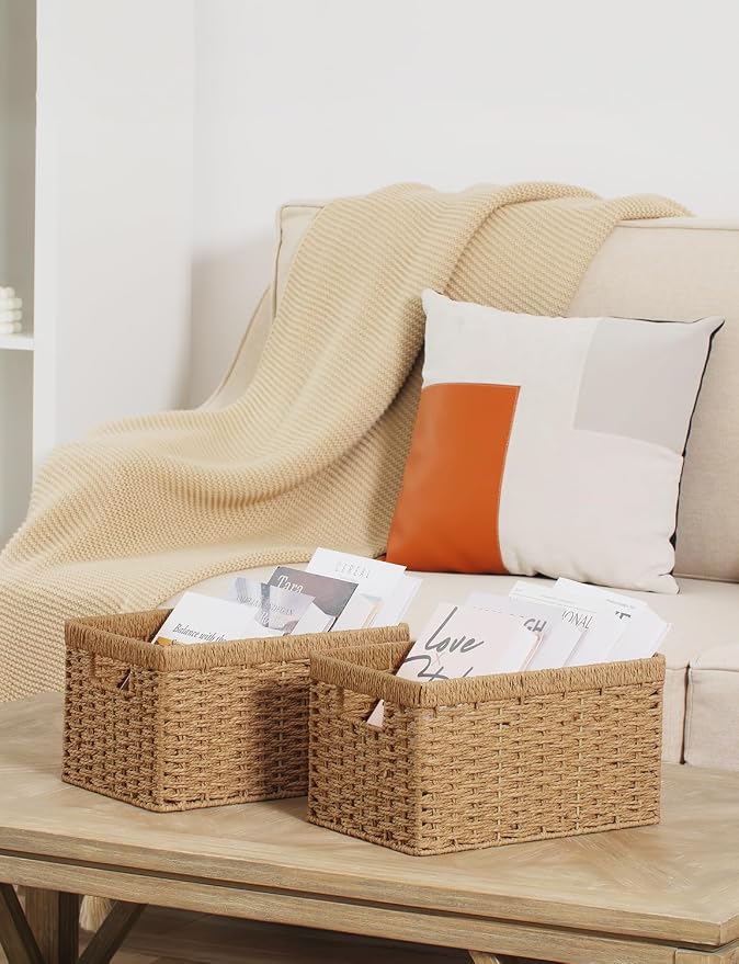 StorageWorks Round Paper Rope Storage Baskets, Rectangular Wicker Baskets with Built-in Handles, Medium, 13 ¼ x 8 ½ x 7 ¼ inches, 2-Pack - Image 5