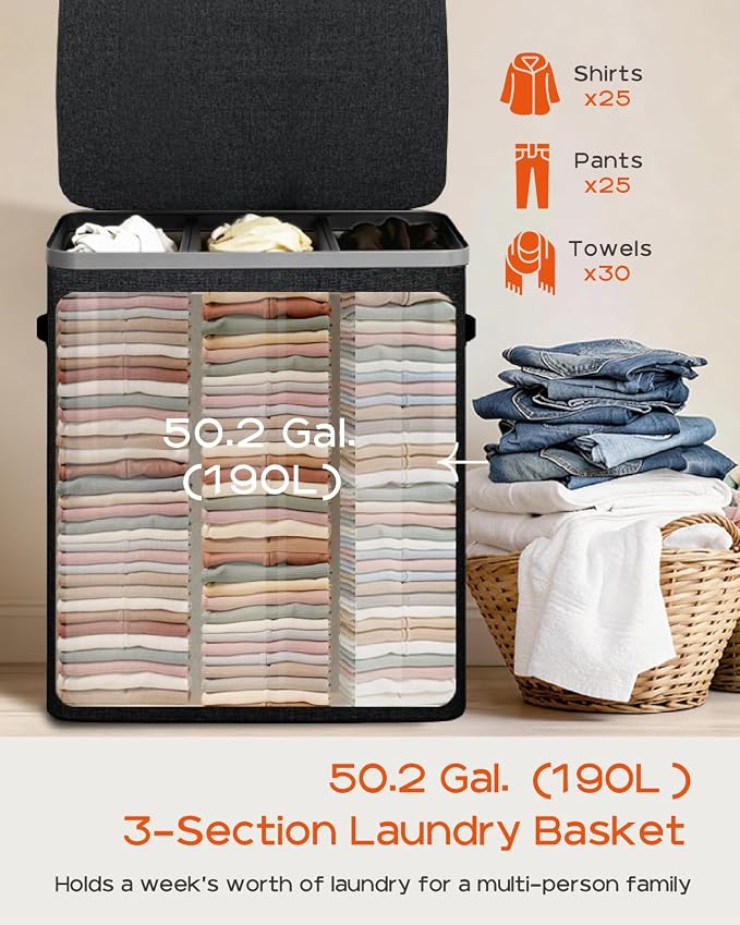 CASAMAYA Laundry Basket with Lid, Laundry Hamper 3 Section, 190L collapsible Laundry Organizer, Easy Assembly,with Handles and Removable Liners, 25.2 x 15.7 x 29.5 Inches, Black JSP904B - Image 3