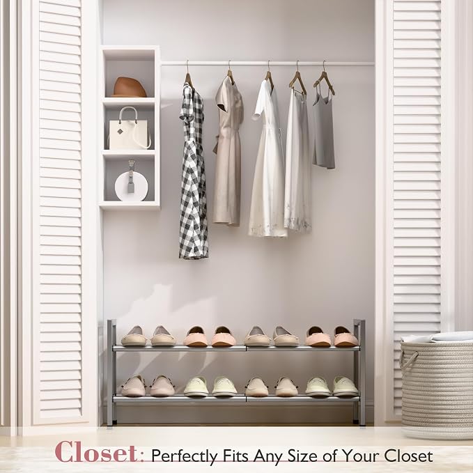 Bumusty 2 Tier Expandable Shoe Rack for Closet, 18“-33” Adjustable Shoe Rack for Small Space, Small Shoe Organizer for Front Door, Sturdy Metal, Light Grey - Image 2