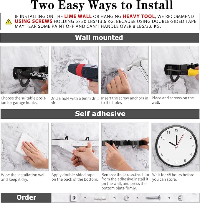 AceMining 2 Pack Black 5 Racks and 4 Hooks Mop and Broom Holder Wall Mount, Broom Organizer Storage Tool Racks Stainless Steel Heavy Duty Hooks Self Adhesive Solid Non-slip for Home Kitchen Garden - Image 5