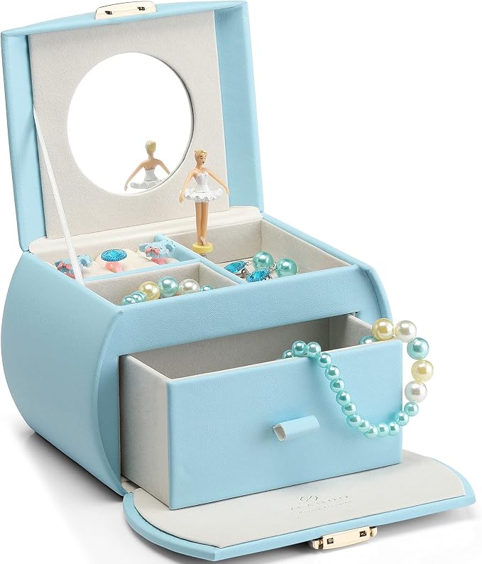 Vlando Kids Musical Jewelry Box for Girls with Drawer, Music Box with Ballerina and Stickers for Birthday Bedroom Decor, Gifts for Girls Kids Christmas Thanksgiving Gifts 2023 - Blue by VLANDO