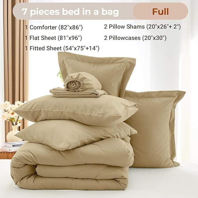 MUXHOMO 7 Pieces Full Comforter Set, Soft Bed in a Bag Full Size, All Season Bedding Set with Comforter, Flat Sheet, Fitted Sheet, Pillowcases & Shams, Khaki