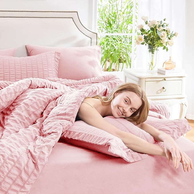 CozyLux Full Size Comforter Sets with Sheets 7 Pieces, Pink Seersucker Bed in a Bag Textured Luxury Soft Bedding Set with Down Alternative Comforter, Sheets, Pillowcases & Shams for All Season