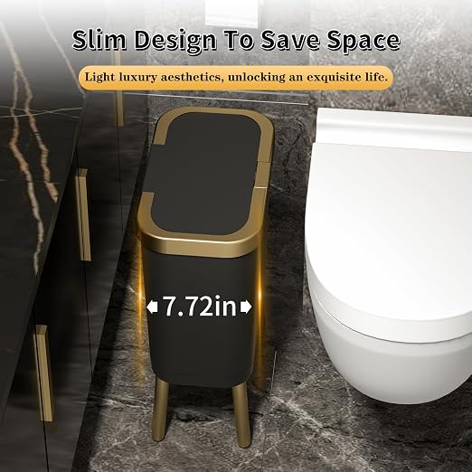 Procade Office Trash Can with Lid, Black Bathroom Trash Can with Gold Edge, Modern Narrow Garbage Can with Legs, Slim Plastic Trash Bin for Bedroom, Living Room,Kitchen,Toilet, 4 Gallon - Image 3