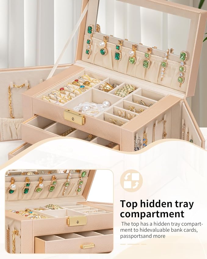 AKOZLIN Large 4-Tier Jewelry Box Leather Jewelry Storage Organizer with 3 Drawers Lockable for Women Girls Ring Necklace Earring Bracelet Watches Holder with Mirror Champagne - Image 4