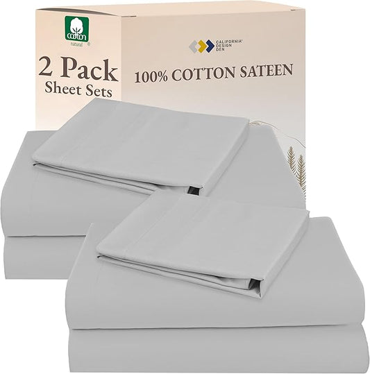 California Design Den 100% Cotton 2-Pack Twin XL Sheet Sets, Soft & Durable Extra Long Twin Bed Sheets with 12" Pockets, Twin XL Sheets with Sateen Sheets (Light Grey)