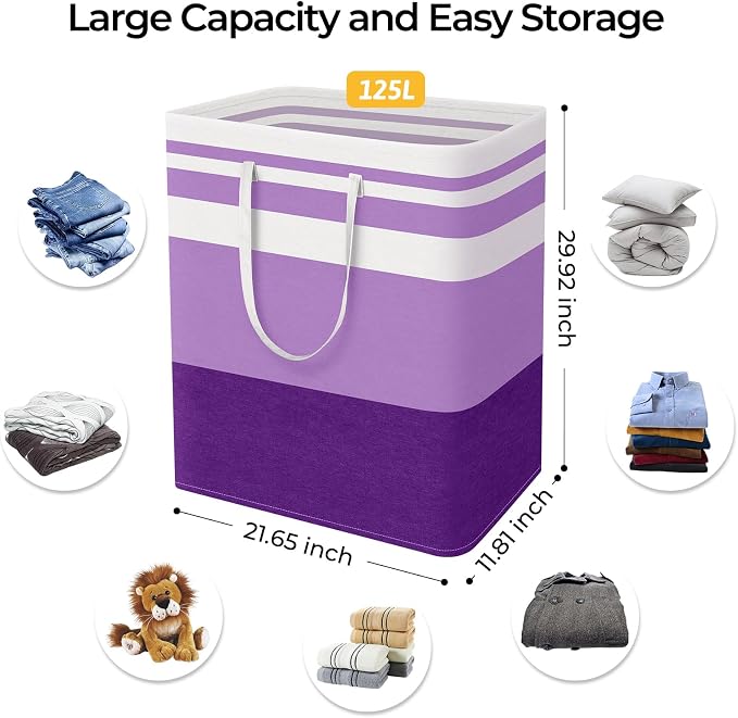 HomeHacks 2 Pack Large Laundry Baskets, Waterproof, Freestanding Laundry Hampers, Collapsible Clothes Hamper with Reinforced Handles in Laundry, College Dorm, Bathroom, Bedroom (Purple, 125Lx2) - Image 4
