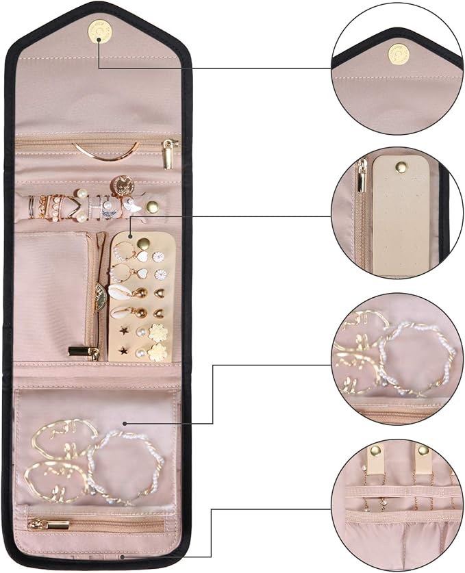 BAGSMART Travel Jewelry Organizer Case Foldable Jewelry Roll for Journey Rings, Necklaces, Earrings, Bracelets, Mini, Black - Image 8